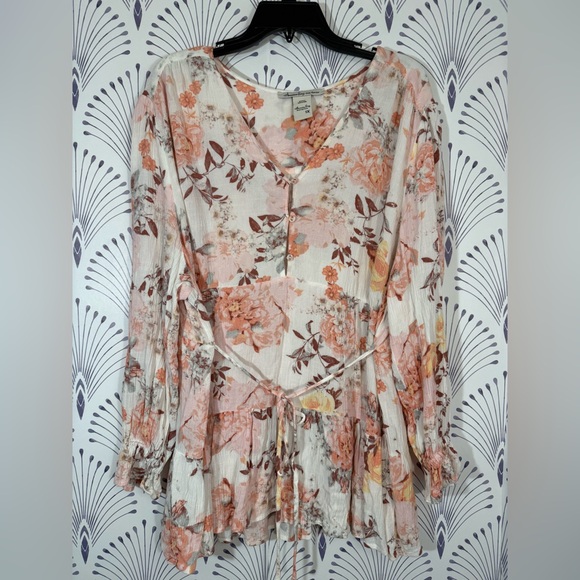 American Rag Tops - American Rag Pink and White Floral Tie Front Blouse Plus size women 1X